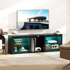 Meuble TV avec éclairage LED jusqu'à 70 pouces, 160cm avec étagères en verre réglables, noir