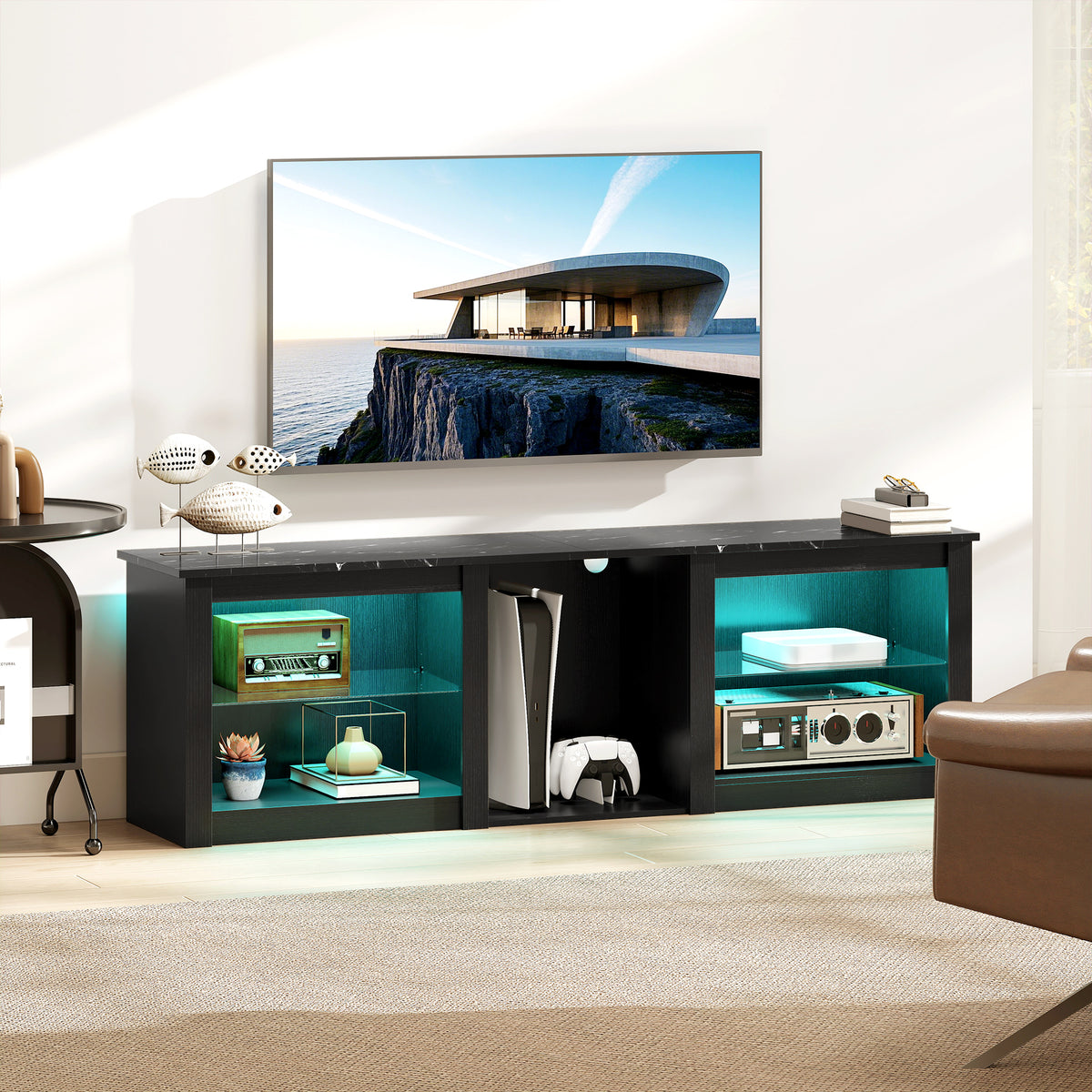Meuble TV avec éclairage LED jusqu'à 70 pouces, 160cm avec étagères en verre réglables, noir