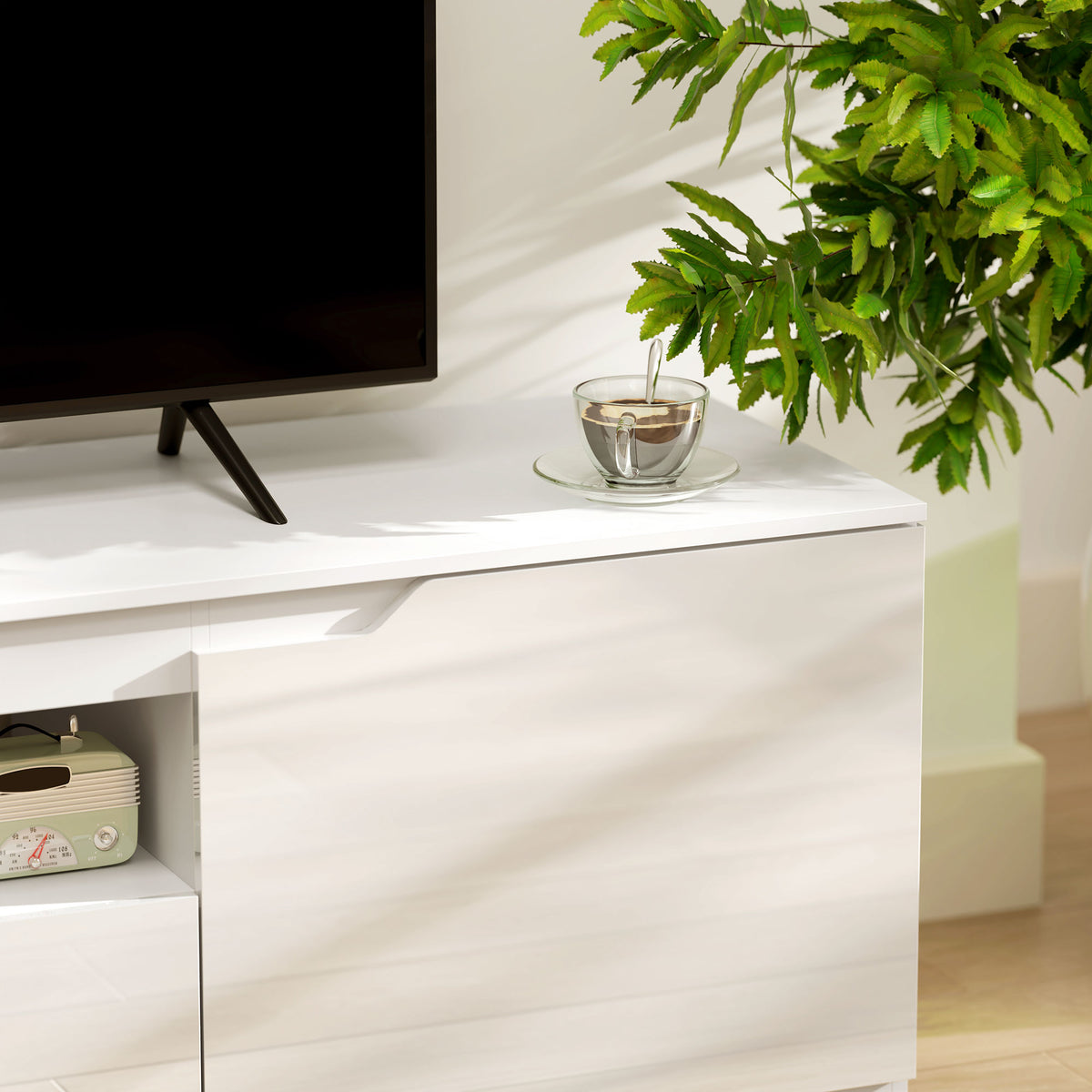 Meuble TV 160 cm, jusqu'à 65 pouces avec 2 portes et tiroir, blanc