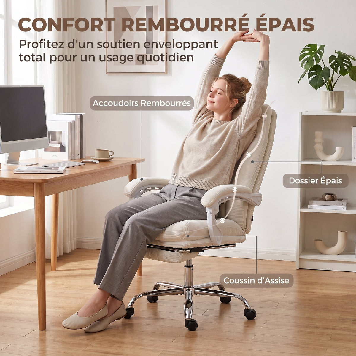 Chaise Bureau Ergonomique, Inclinable, Repose-Pieds, Crème