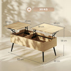 Table basse relevable avec double plateau,compartiment caché et pieds en métal, bois naturel