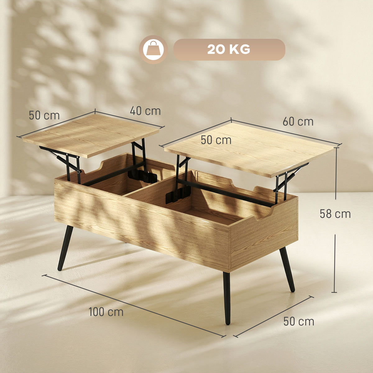 Table basse relevable avec double plateau,compartiment caché et pieds en métal, bois naturel