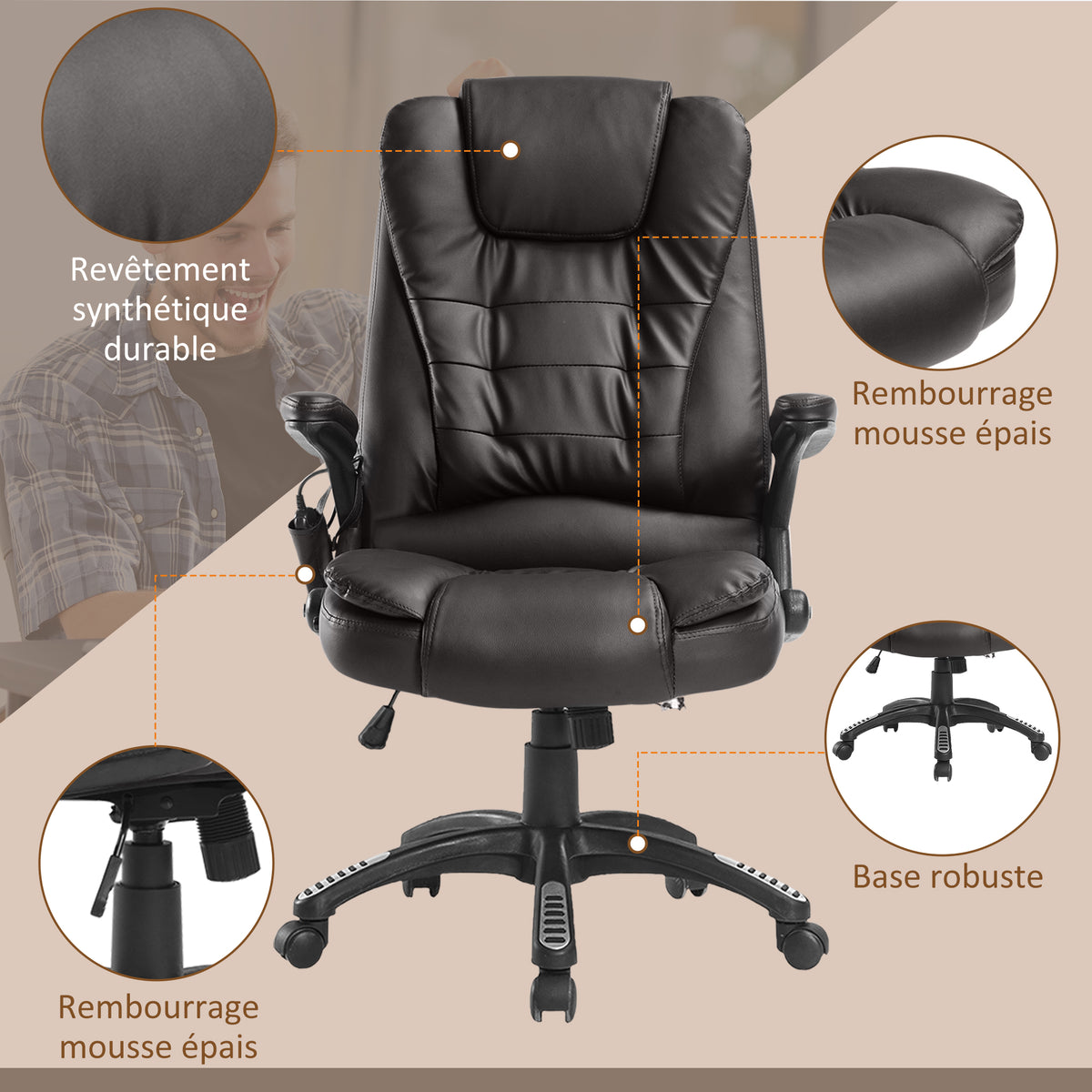 Fauteuil de bureau massant et chauffant électrique, noir