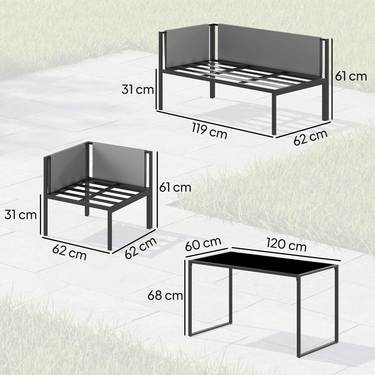 Salon de Jardin Canapé 6 Pièces Coussins 10cm Table Haute et 2 Repose-pieds Gris