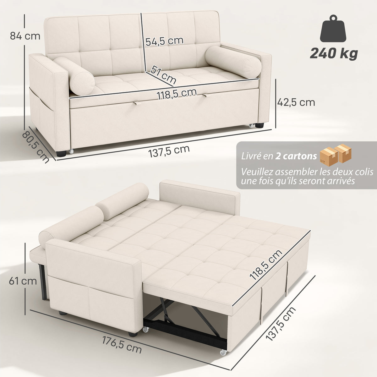 Canapé convertible 2 places, canapé-lit, 2 coussins 80,5x137,5x84cm beige