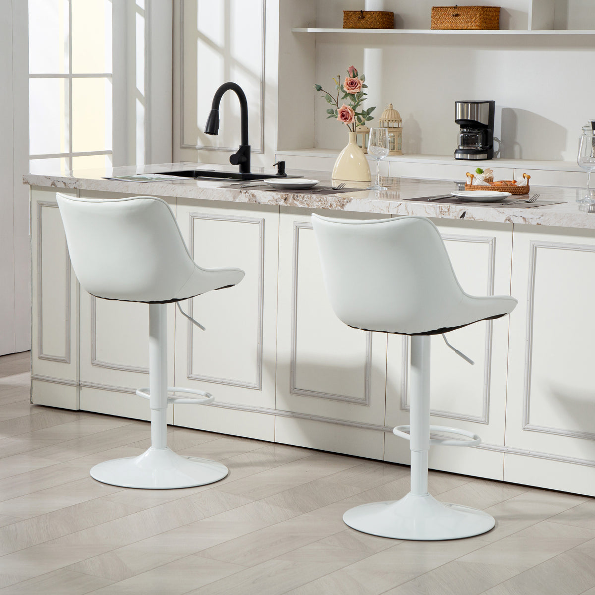 Lot de 2 tabourets de bar, repose-pieds blanc
