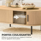 Table basse ovale en bois, portes coulissantes et rangement caché, 100x55x40cm, bois naturel