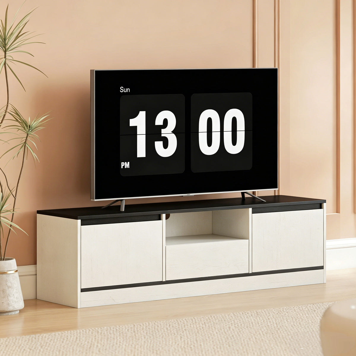 Meuble TV jusqu'à 60 pouces avec 2 Armoires, 1 Étagère Ouverte, 1 Tiroir, 140x35x40cm, Noir et Blanc