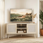 Meuble TV d'Angle 115 cm, jusqu'à 65 Pouces, 2 Portes en Rotin 2 Compartiments, Chêne