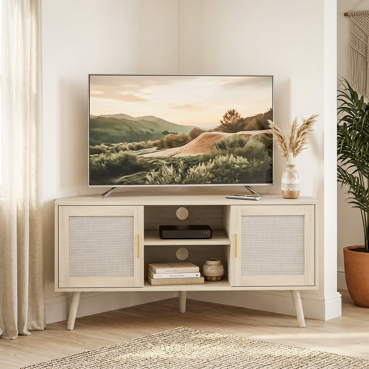 Meuble TV d'Angle 115 cm, jusqu'à 65 Pouces, 2 Portes en Rotin 2 Compartiments, Chêne