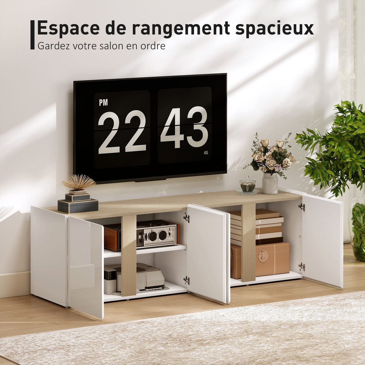 Meuble TV, 4 portes à fermeture amortie, étagère réglable et passe-câbles, 135 x 38 x 45 cm, blanc