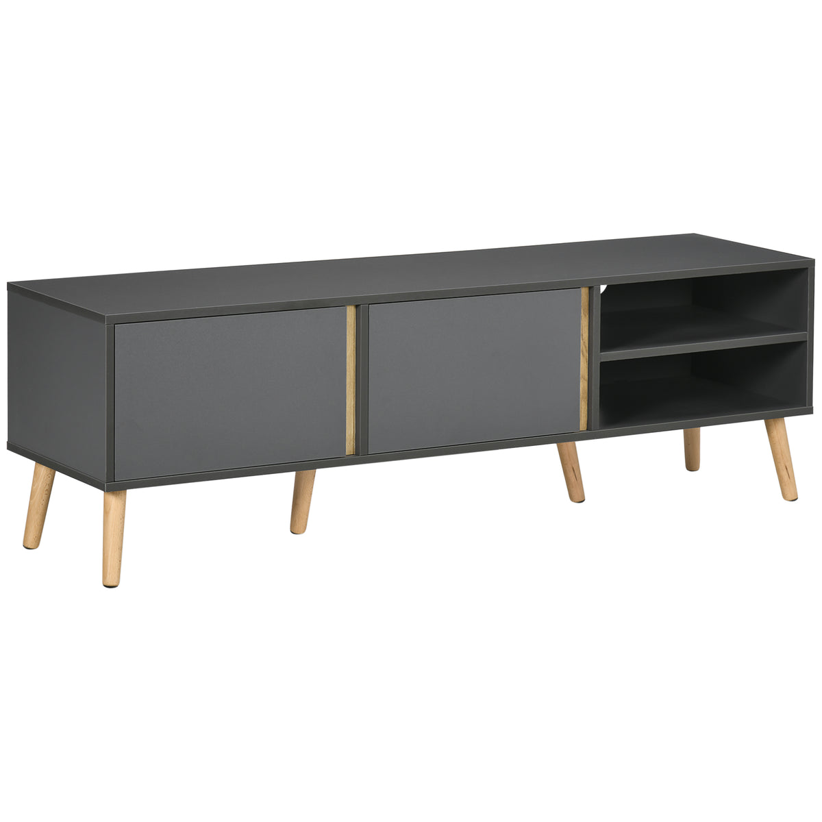 Meuble TV jusqu'à 55 pouces ,2 portes, 2 niches avec passe-câbles 150 x 35 x 45 cm gris foncé
