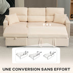 Canapé d'angle convertible en velours, canapé-lit 3 places, coussins, 205x135x76cm, beige