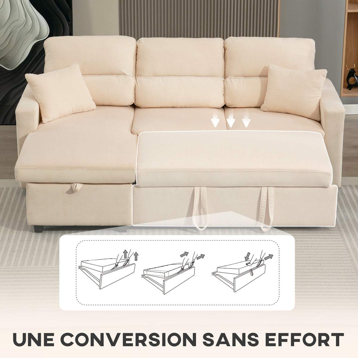 Canapé d'angle convertible en velours, canapé-lit 3 places, coussins, 205x135x76cm, beige