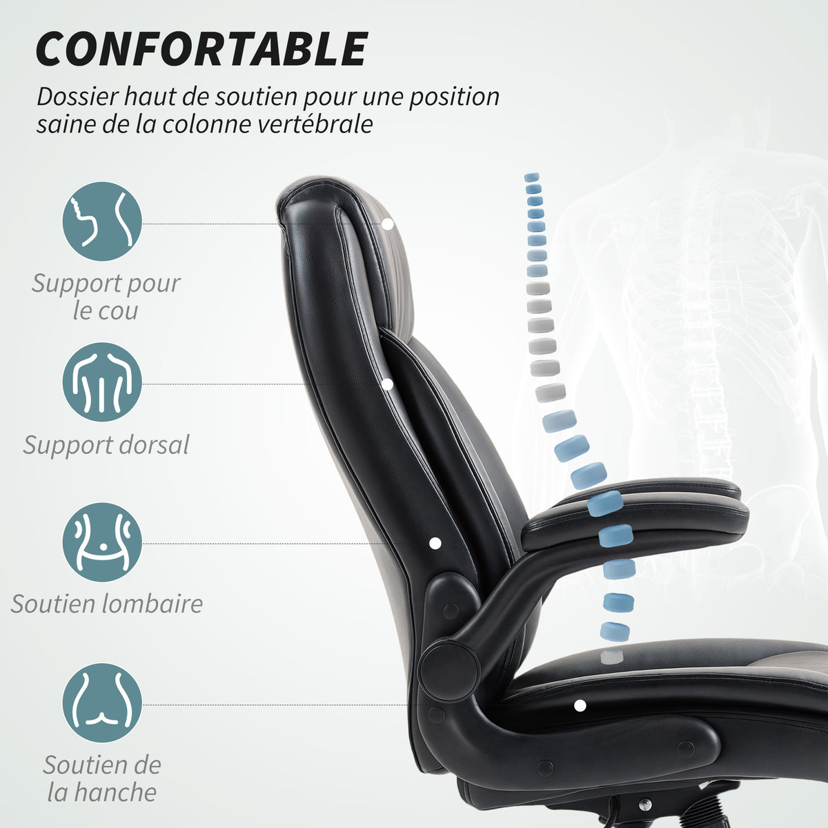 Fauteuil de bureau, ergonomique, bascule, noir
