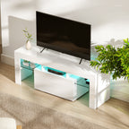 Meuble TV, éclairage LED, étagères en verre trempé, 120x34x45cm, blanc