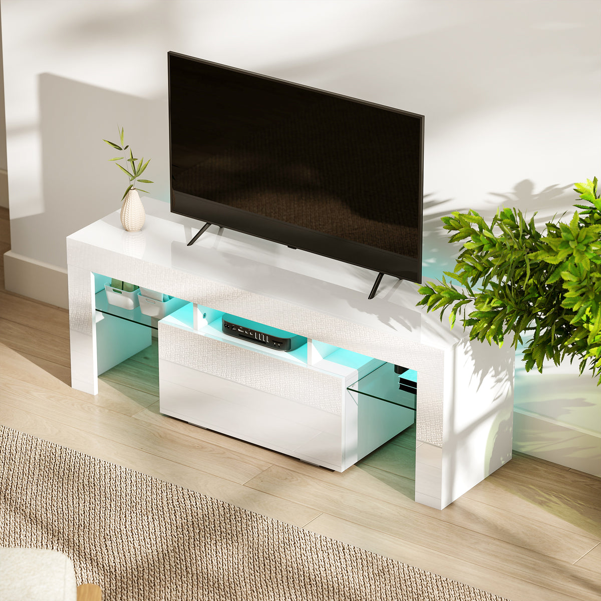 Meuble TV, éclairage LED, étagères en verre trempé, 120x34x45cm, blanc