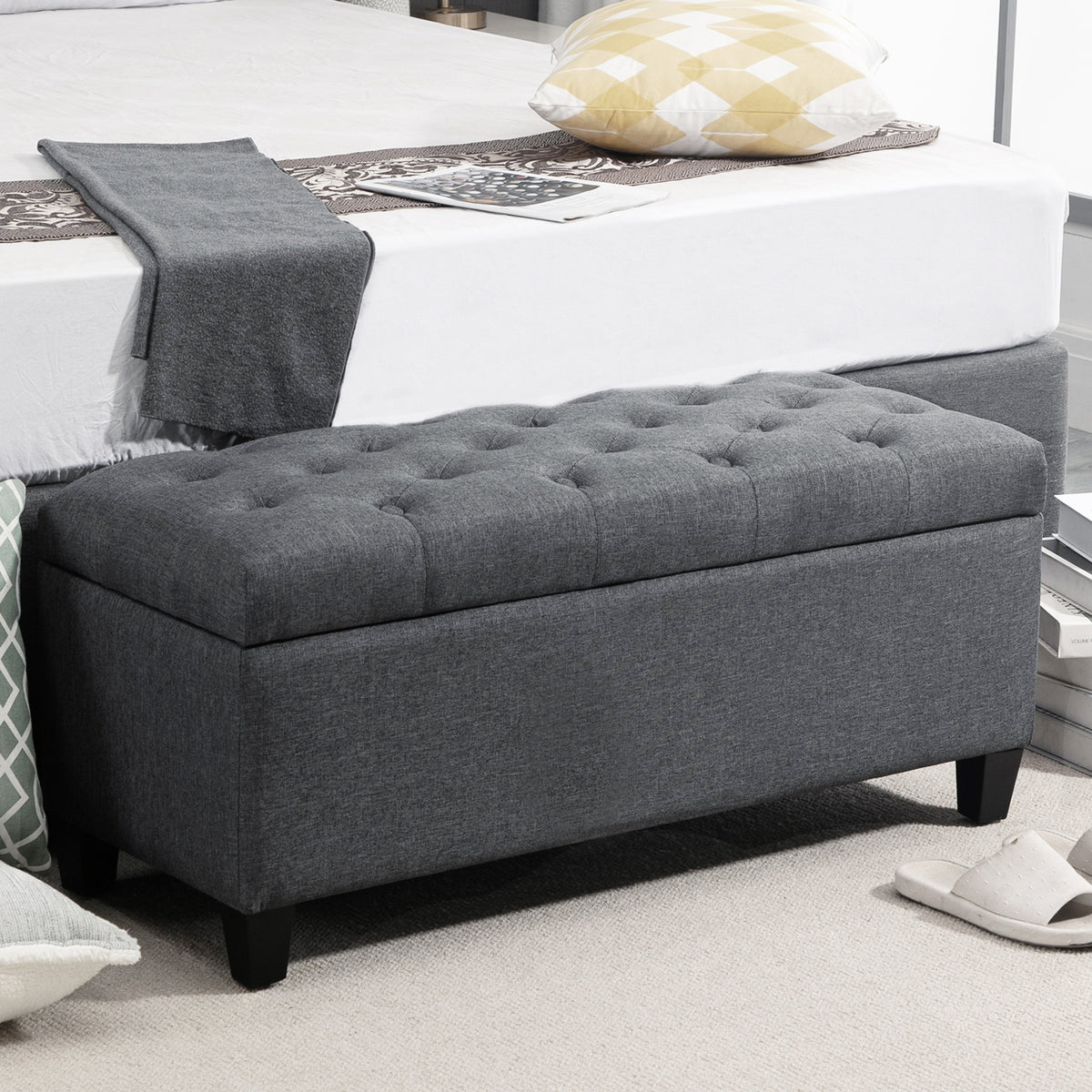 Banc de rangement, pouf 100 x 40 x 44 cm, gris foncé
