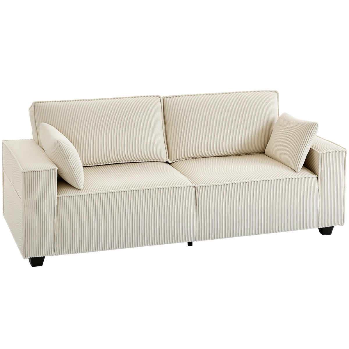 Canapé 3 places en velours 218 cm, coussins à ressorts, 2 coussins, beige