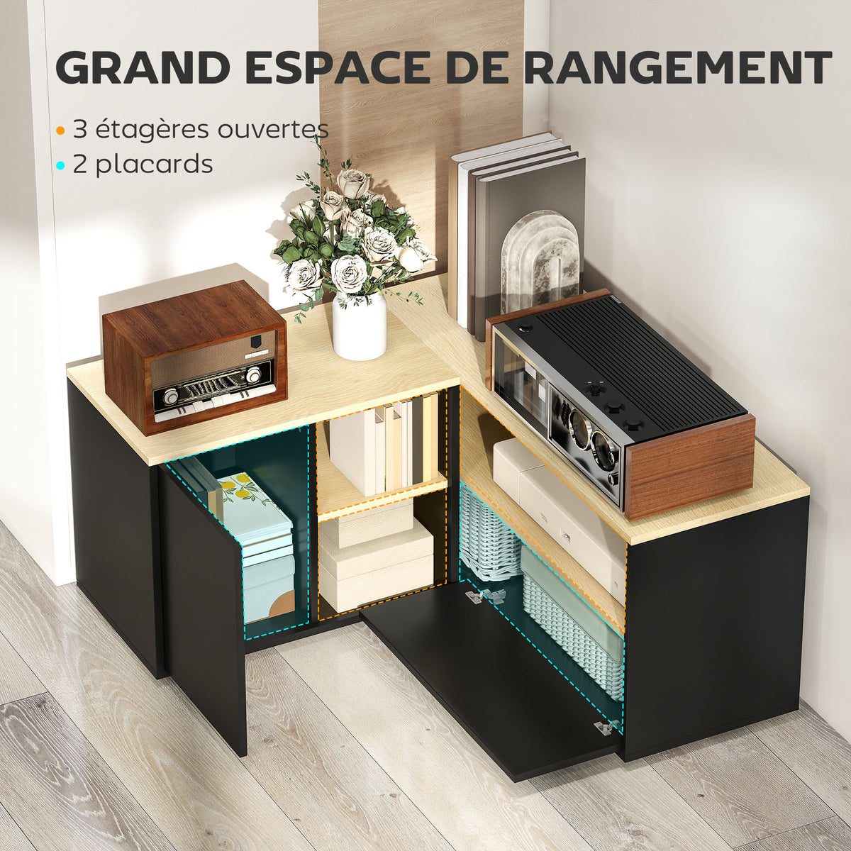 Meuble TV d'angle, 40 pouces avec 2 placards et 3 niches 90 x 90 x 45 cm, en chêne et noir