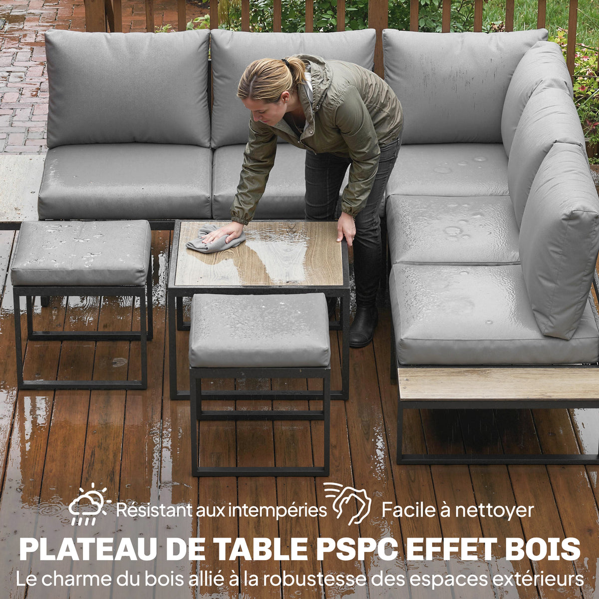 Salon de jardin extérieur 6 personnes modulable, coussins épais 10cm gris