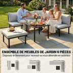Salon de jardin modulable 6 personnes, table basse avec plateau en verre trempé, gris clair