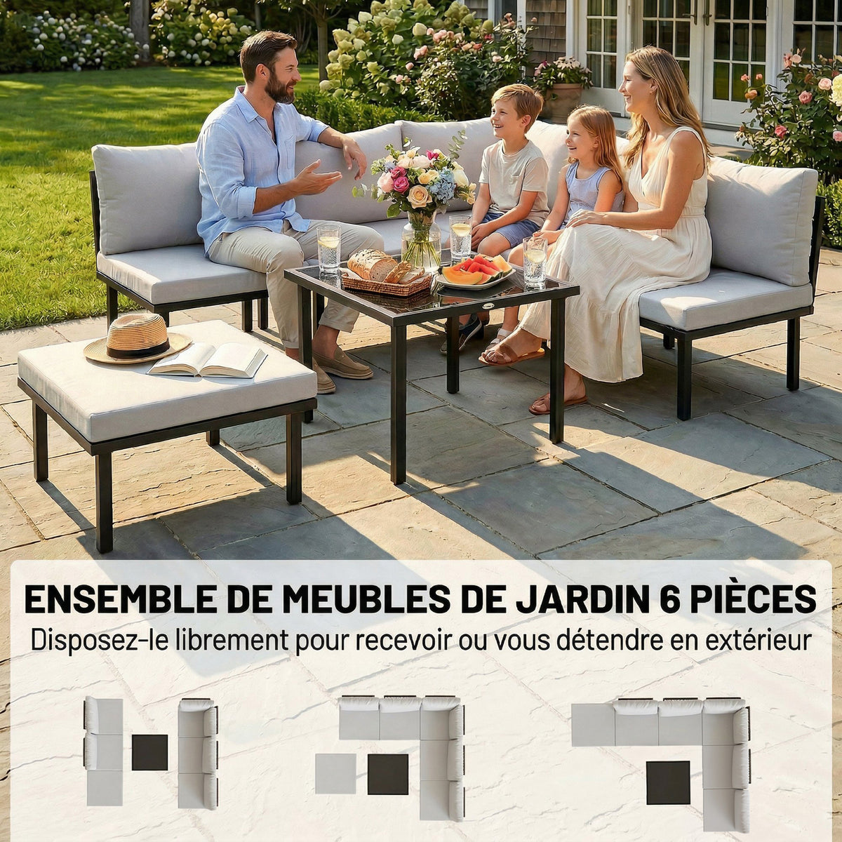Salon de jardin modulable 6 personnes, table basse avec plateau en verre trempé, gris clair