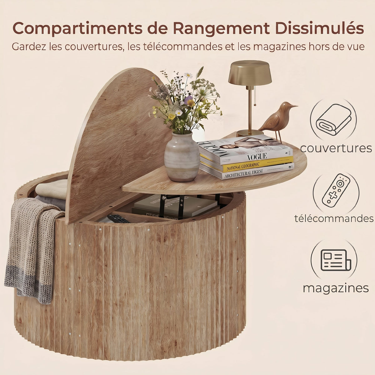 Table basse relevable, compartiment caché et plateau à fermeture douce, bois naturel