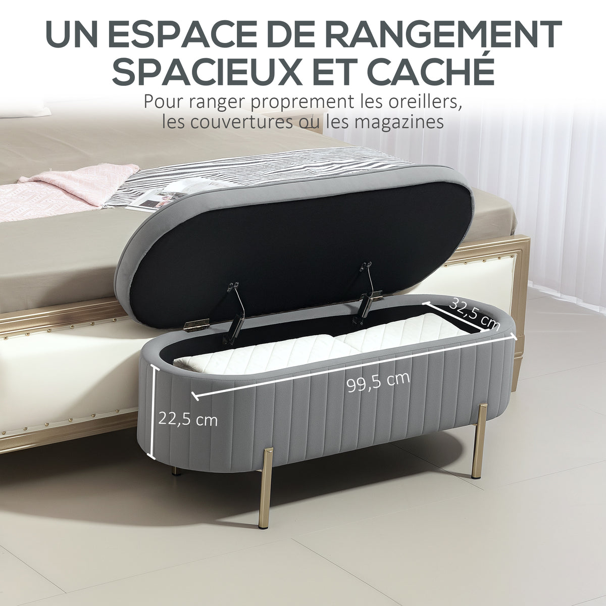 Banc de rangement, bout de lit en velours, pieds en métal, 72 L, 108x44x43,5cm, gris