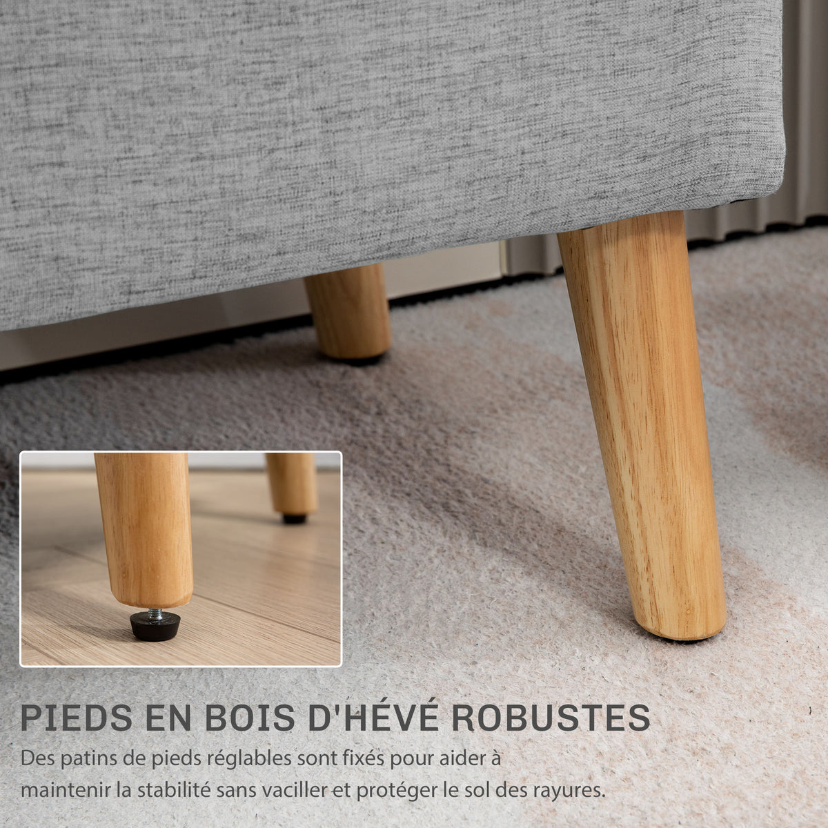 Banc/ coffre rangement rembourré aspect lin, charge 220 Kg, 110 x 39 x 45 cm, gris