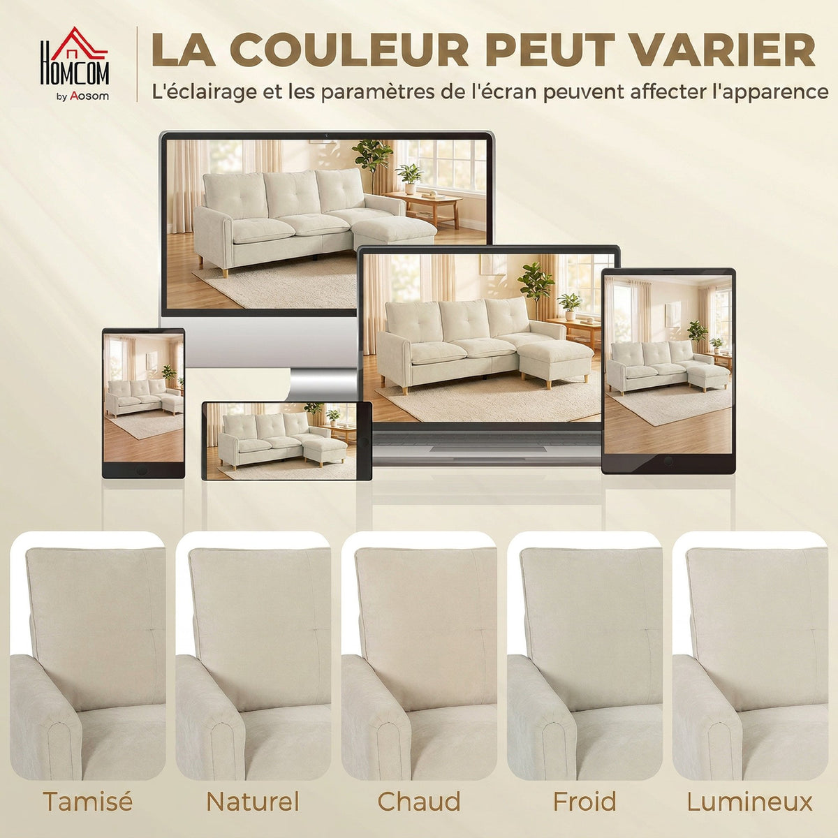 Canapé 3 places avec pouf de rangement, modulable 210 cm, tissu aspect lin, crème
