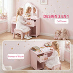 Coiffeuse pour Enfants avec Tabouret, Miroir à Trois Volets en Acrylique, 2 Tiroirs et 2 Placards, Rose