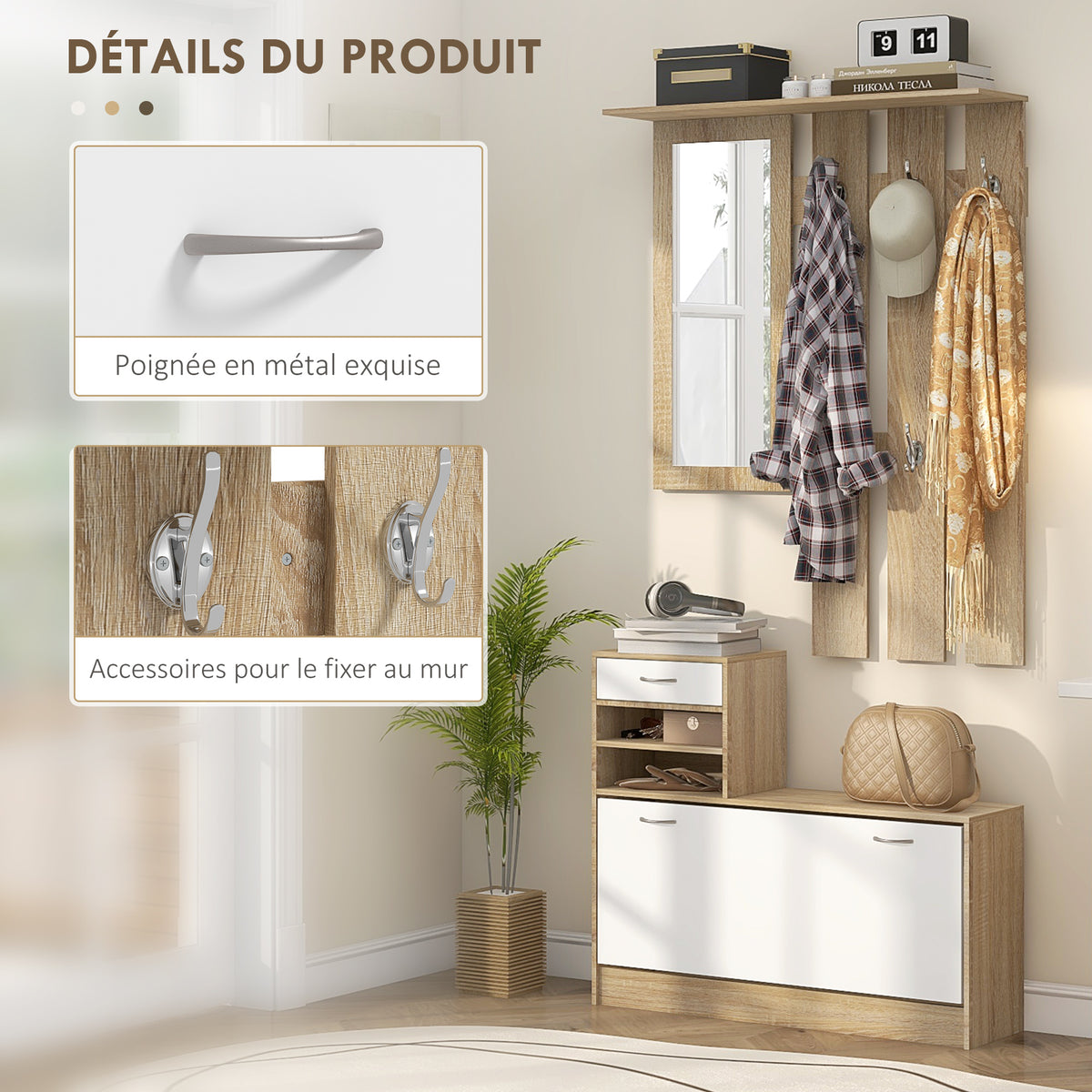 Meuble d'entrée avec porte-manteau, miroir et banc à chaussures - 6 crochets et étagère réglable