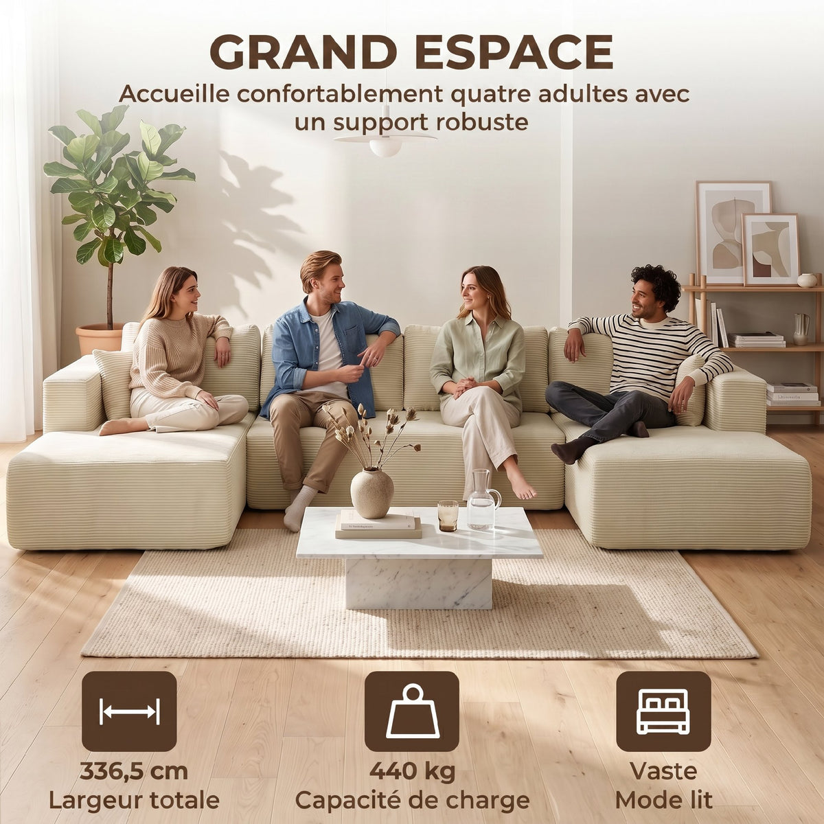 Canapé Modulaire en U Compressé 337 cm, 4 places en Velours Côtelé, Crème
