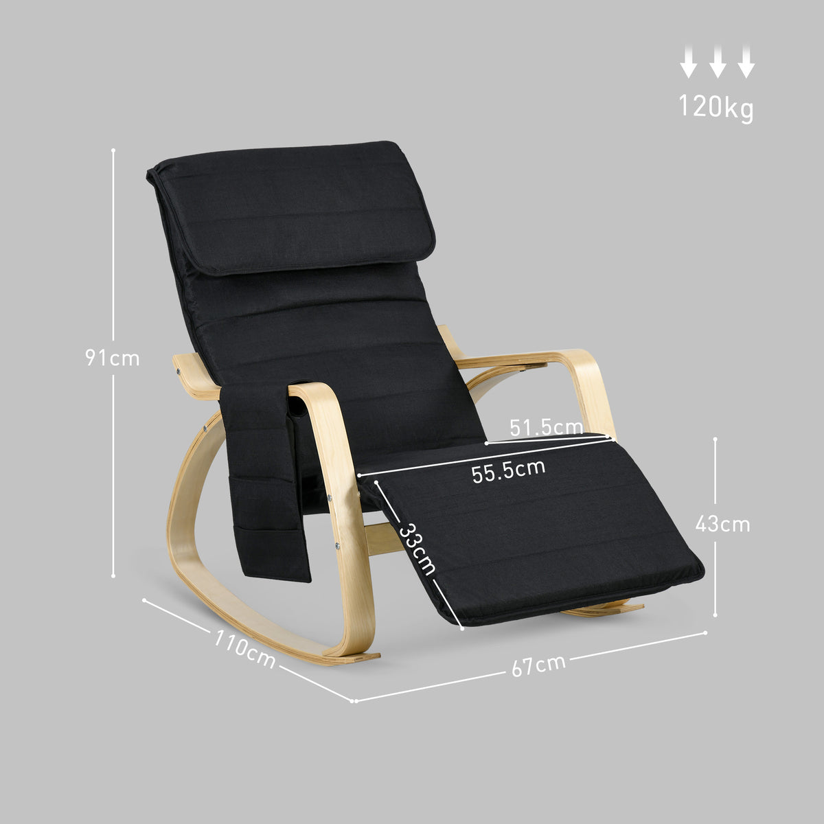 Fauteuil à bascule avec repose-pieds réglable, poche latérale, noir