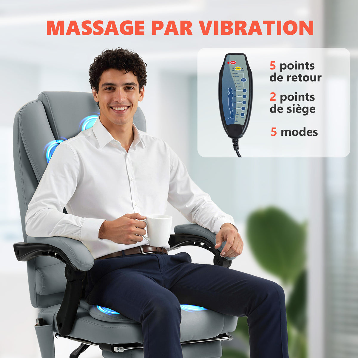 Fauteuil de bureau massant, inclinable et télécommande filaire, gris