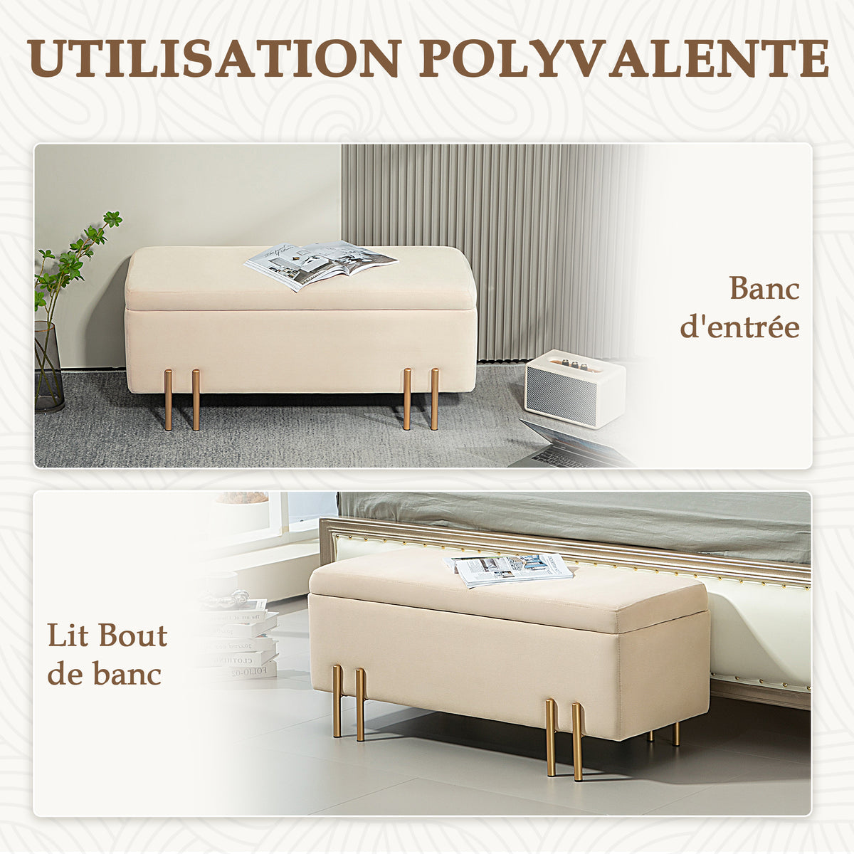 Banc de rangement, espace de rangement velours beige, pieds métal doré
