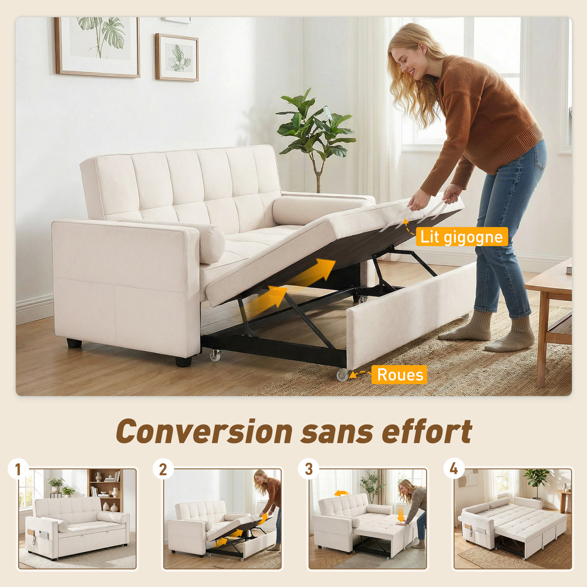 Canapé convertible 2 places, canapé-lit, 2 coussins 80,5x137,5x84cm beige