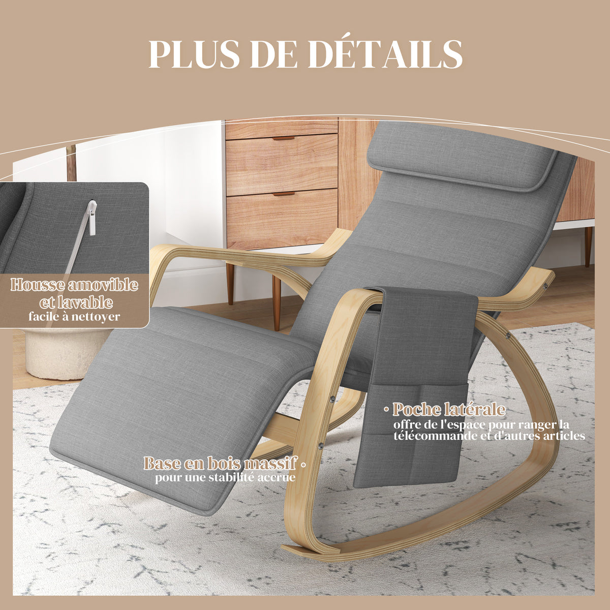 Fauteuil à bascule avec repose-pieds réglable, poche latérale, gris