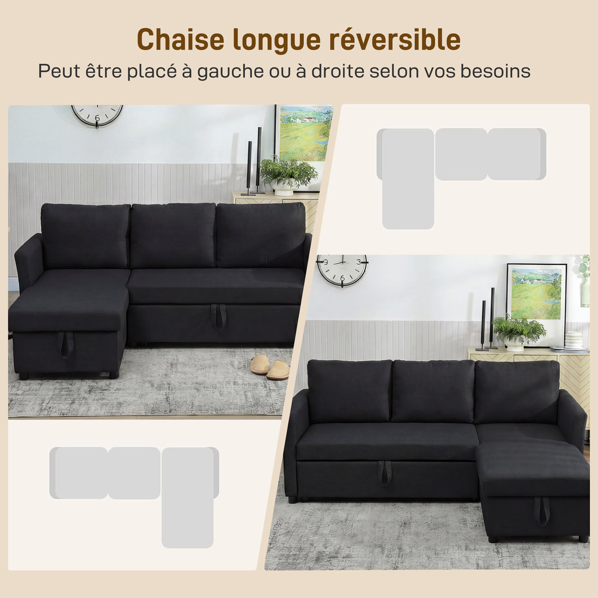 Canapé d'Angle Convertible, Canapé-Lit 3 Places 192 cm, Gris Anthracite