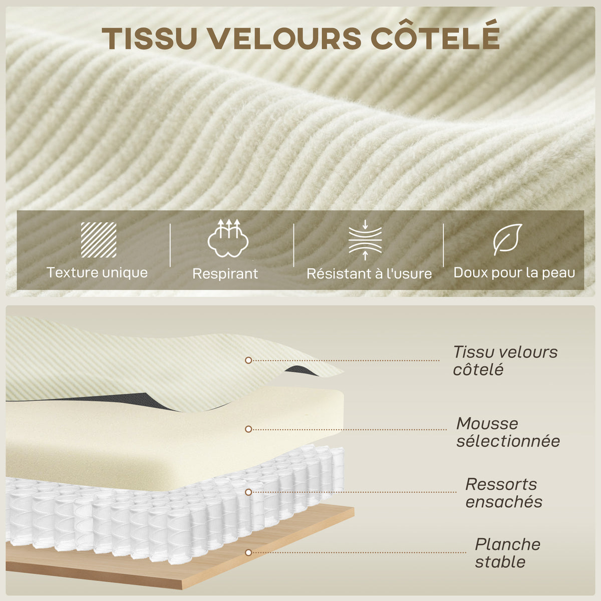 Canapé d'angle réversible 3 places avec coussins inclus, tissu velours côtelé, crème