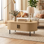 Table basse ovale en bois, portes coulissantes et rangement caché, 100x55x40cm, bois naturel