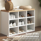 Meuble d'entrée 2-en-1 porte-manteau mural + banc à chaussures, 75x30x50cm blanc et chêne