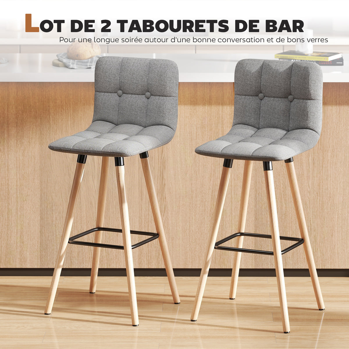 Lot de 2 tabourets de bar, repose-pieds, pieds en bois, 41,5x47x97,5cm, gris