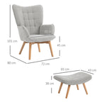 Fauteuil avec repose pied, pieds en bois et tissu aspect velours, gris