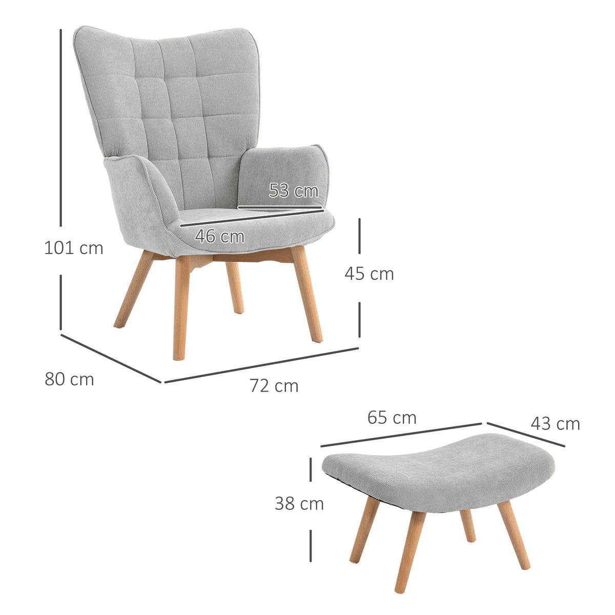 Fauteuil avec repose pied, pieds en bois et tissu aspect velours, gris
