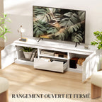 Meuble TV 160 cm, jusqu'à 65 pouces avec 2 portes et tiroir, blanc