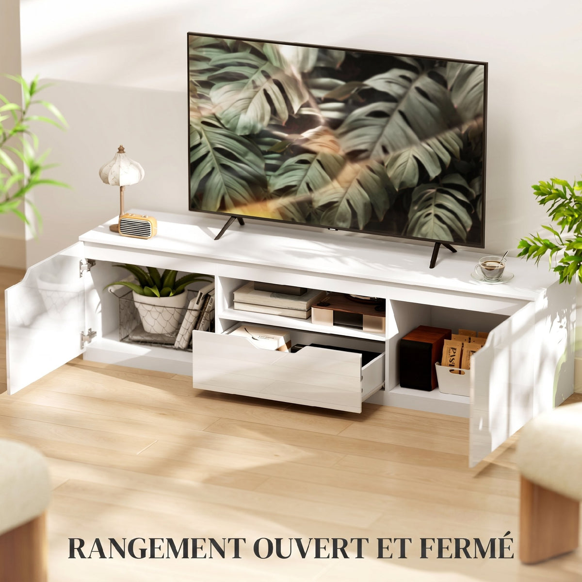 Meuble TV 160 cm, jusqu'à 65 pouces avec 2 portes et tiroir, blanc