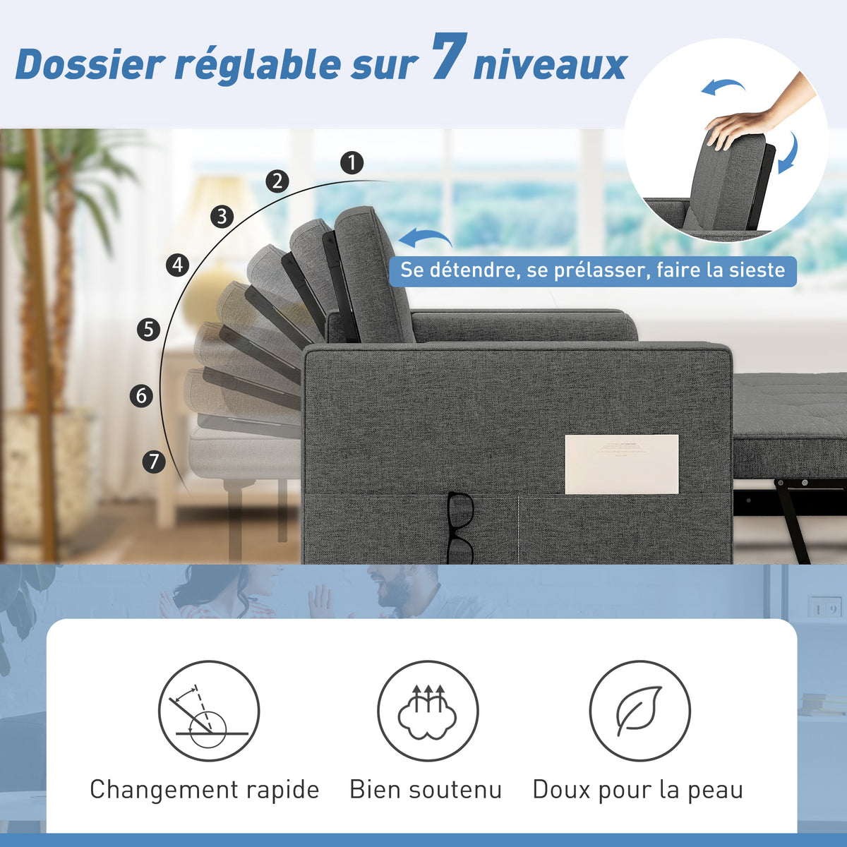 Canapé convertible 2 places, canapé-lit, 2 coussins 80,5x137,5x84cm gris