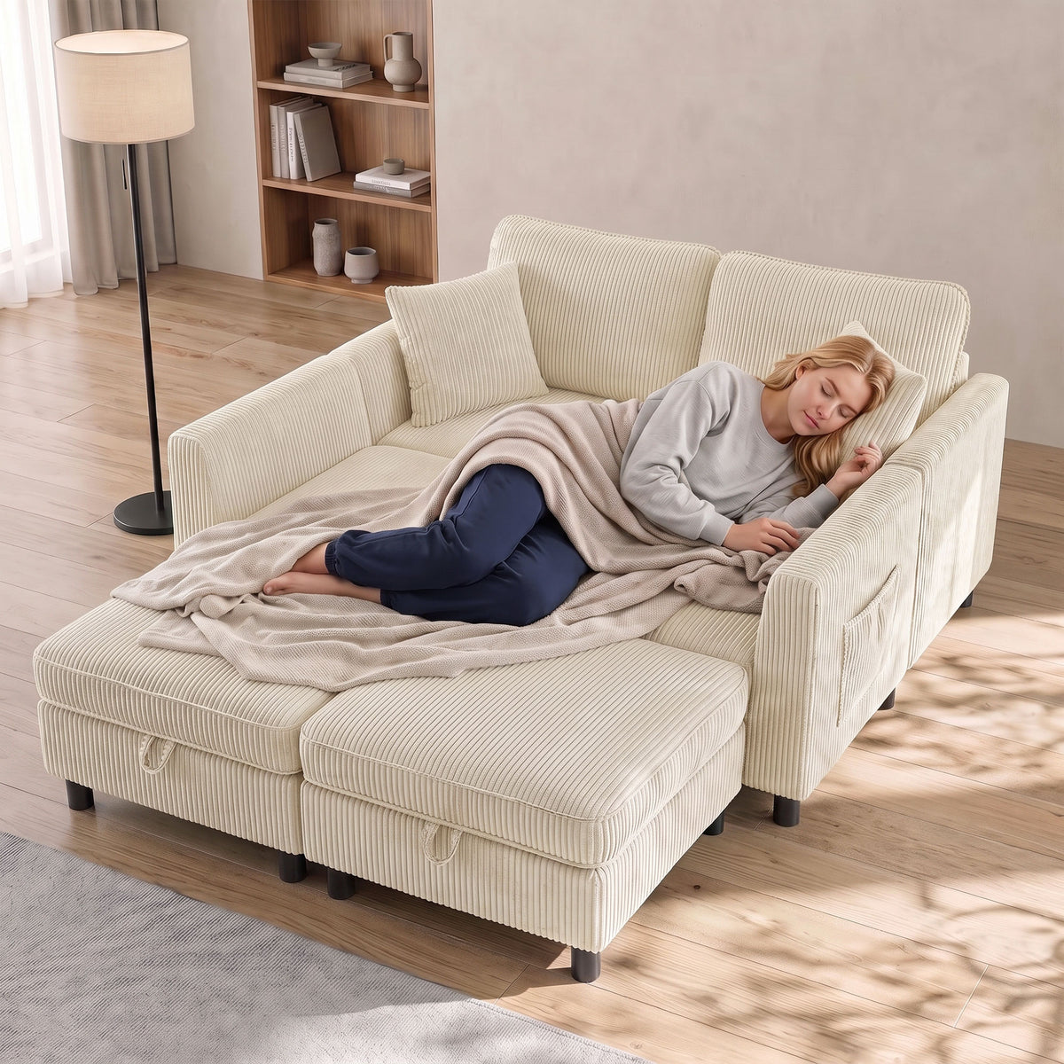 Canapé 4 Places avec 2 Poufs de Rangement, Modulable en U 306 cm en Velours, 4 Coussins, Crème
